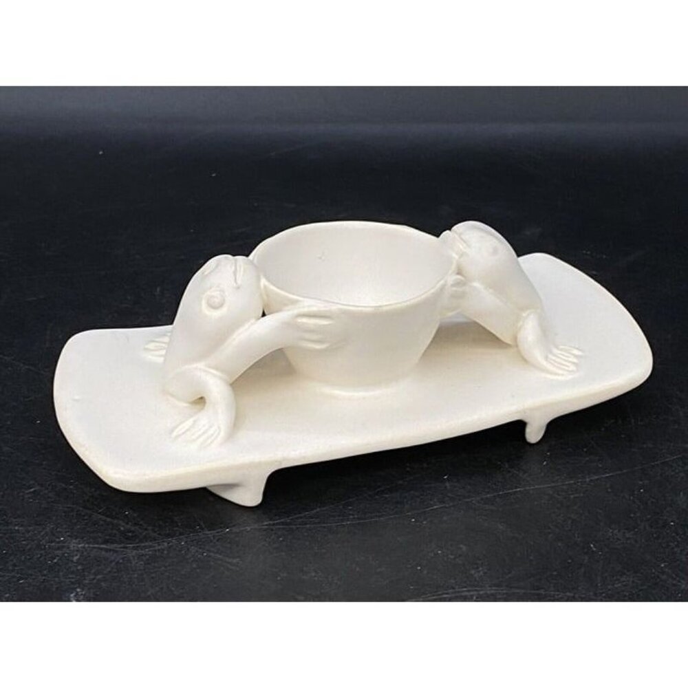 Ceramic Trinket Dish 2 Frogs Holding Bowl White Art Nouveau Style